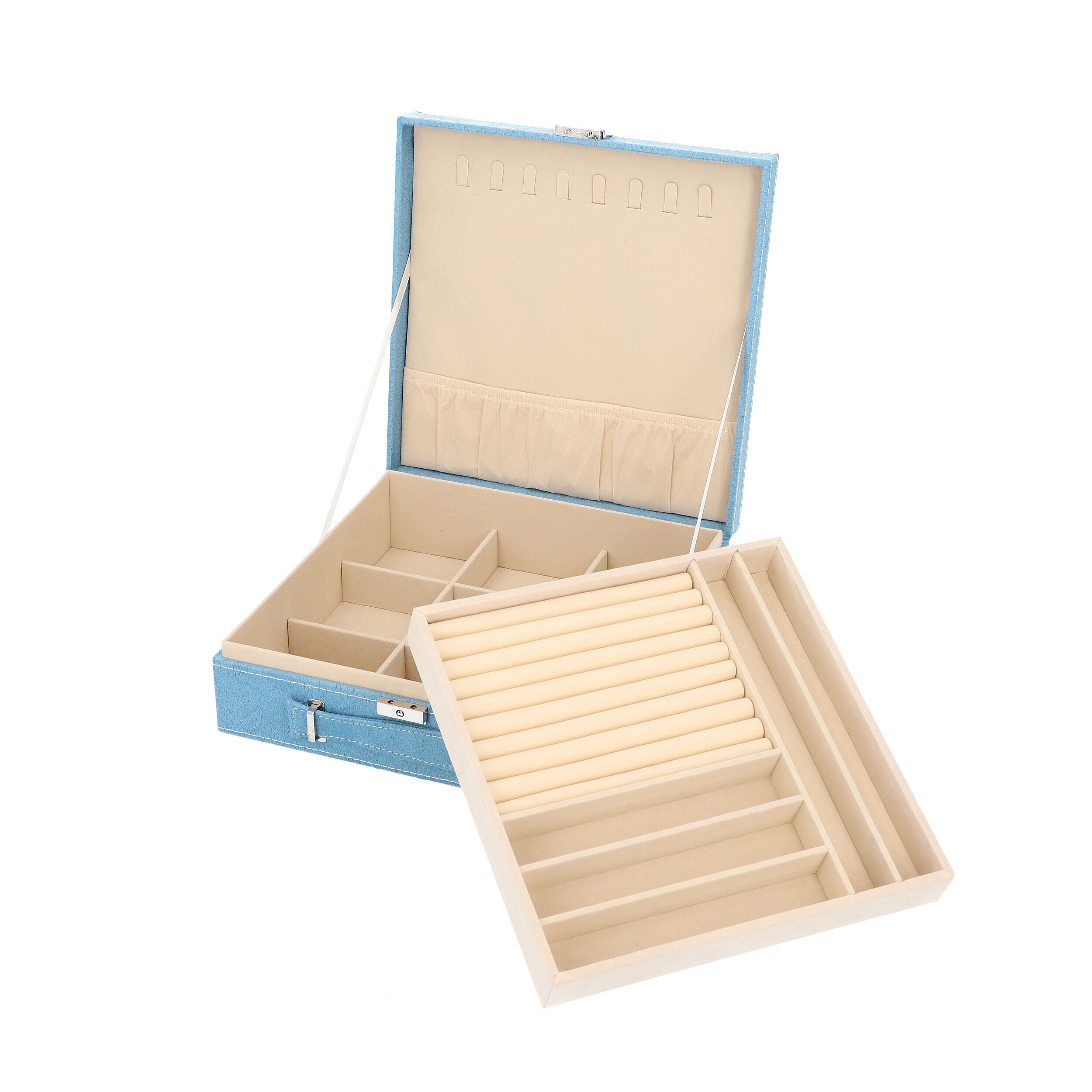 Two Tier Jewellery Box with Handle and Lock (Size 26x26x9Cm) - Turquoise Blue