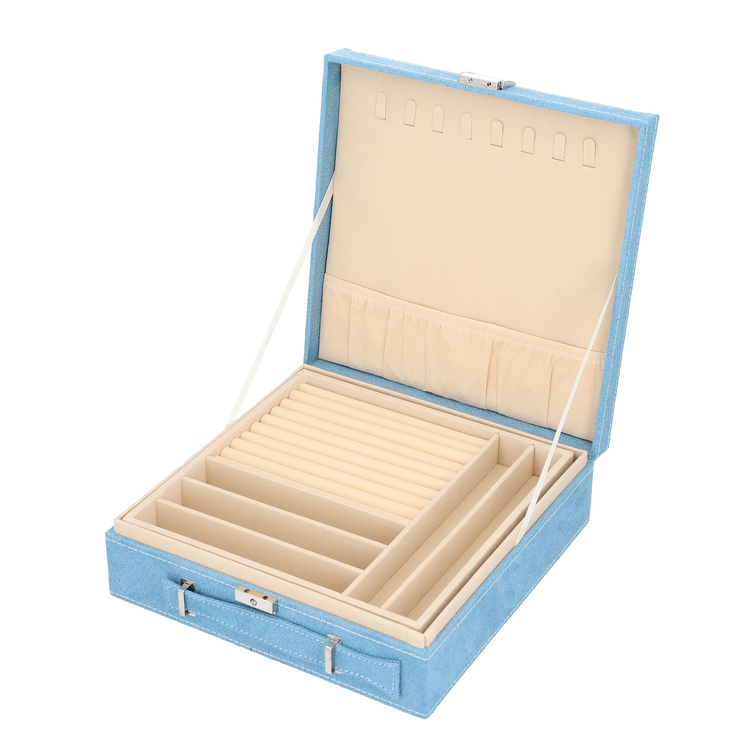Two Tier Jewellery Box with Handle and Lock (Size 26x26x9Cm) - Turquoise Blue