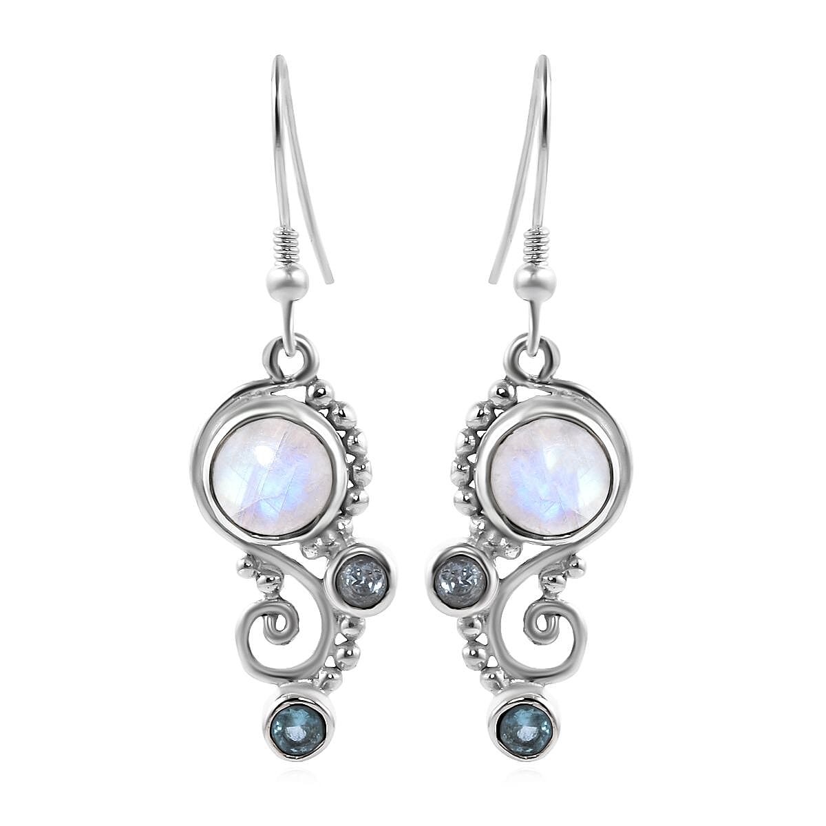 Royal Bali Gem Vitality Collection - Rainbow Moonstone, Blue Topaz and Blue Apatite Earrings in Sterling Silver 3.68 Ct.