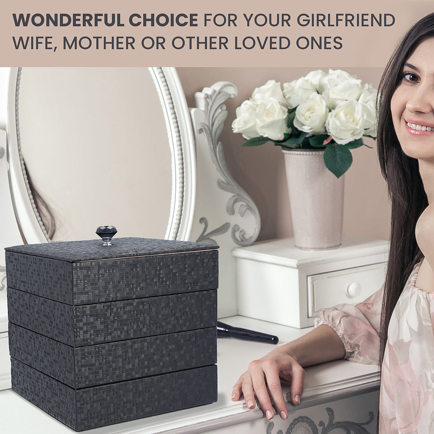 4 Layer Stackable Jewellery Organizer with Alloy Handle, Inside Mirror, Aniti Tarnish Lining, 1st Tray:Rings, 2nd Tray:16 Sections, 3th Tray:9 Sections, 4th Tray:One Section - Black