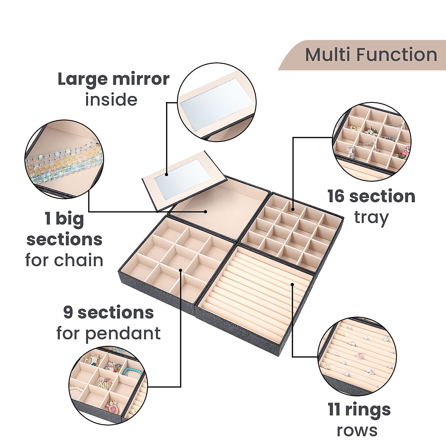 4 Layer Stackable Jewellery Organizer with Alloy Handle, Inside Mirror, Aniti Tarnish Lining, 1st Tray:Rings, 2nd Tray:16 Sections, 3th Tray:9 Sections, 4th Tray:One Section - Black