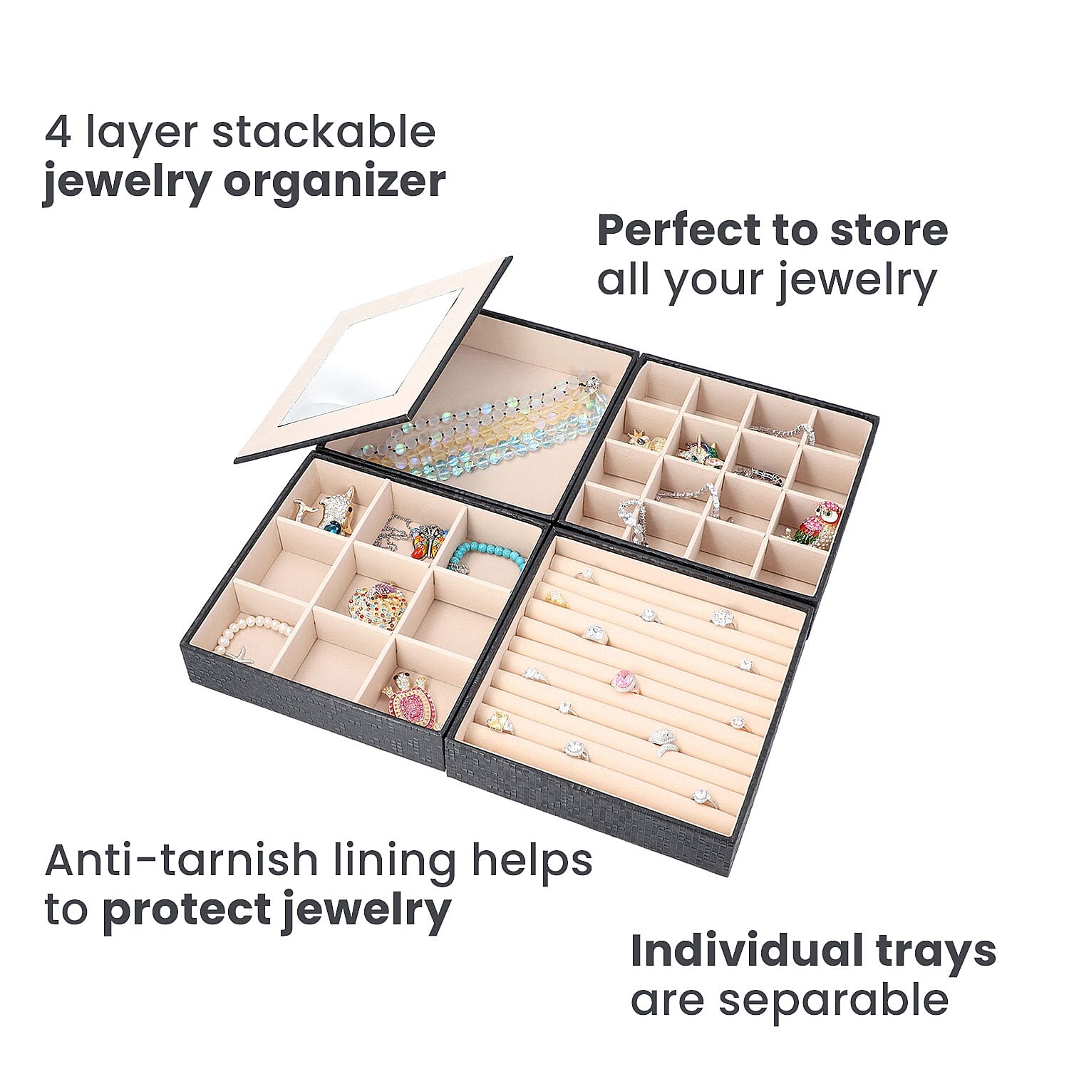 4 Layer Stackable Jewellery Organizer with Alloy Handle, Inside Mirror, Aniti Tarnish Lining, 1st Tray:Rings, 2nd Tray:16 Sections, 3th Tray:9 Sections, 4th Tray:One Section - Black