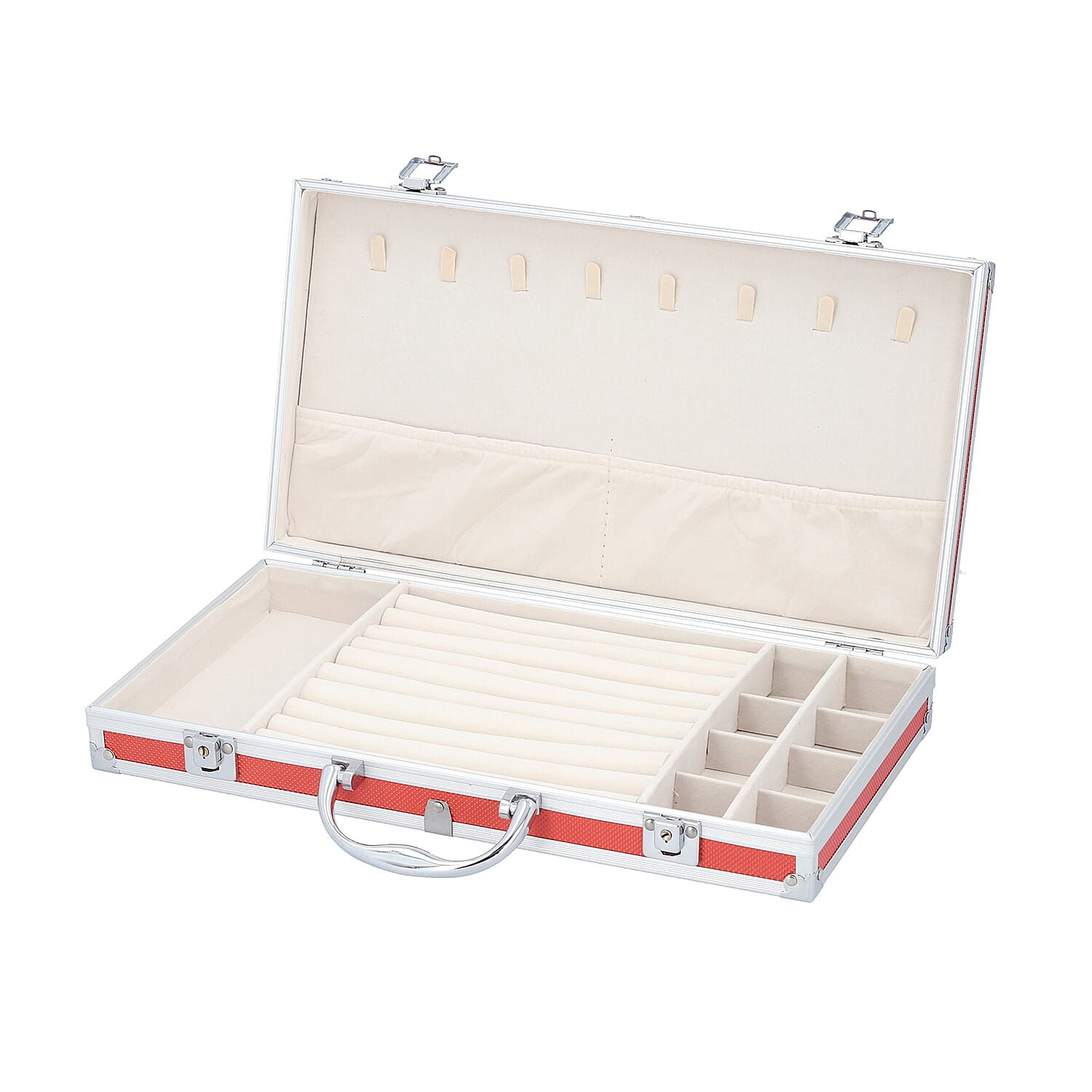 Portable Small Dot Pattern Jewellery Box with Handle and Anti Tarnish Lining in Lock Clasp (Size:38x21x6 Cm) - Red