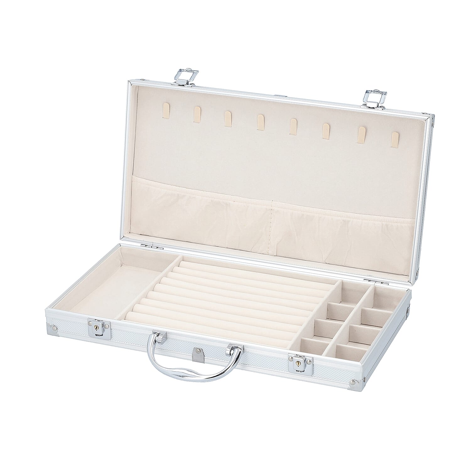 Portable Small Dot Pattern Jewellery Box with Handle and Anti Tarnish Lining in Lock Clasp (Size-38x21x6 Cm) - Silver