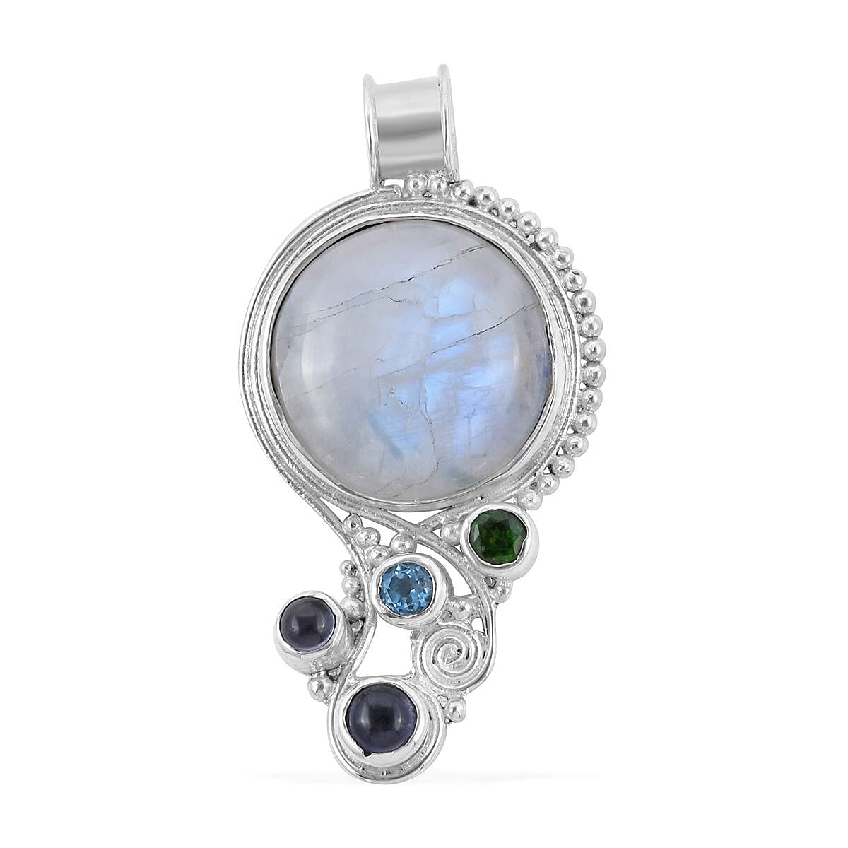 Royal Bali Gem Vitality Collection - Rainbow Moonstone and Multi Gemstone Pendant in Sterling Silver 14.80 Ct, Silver Wt. 10.00 Gms.