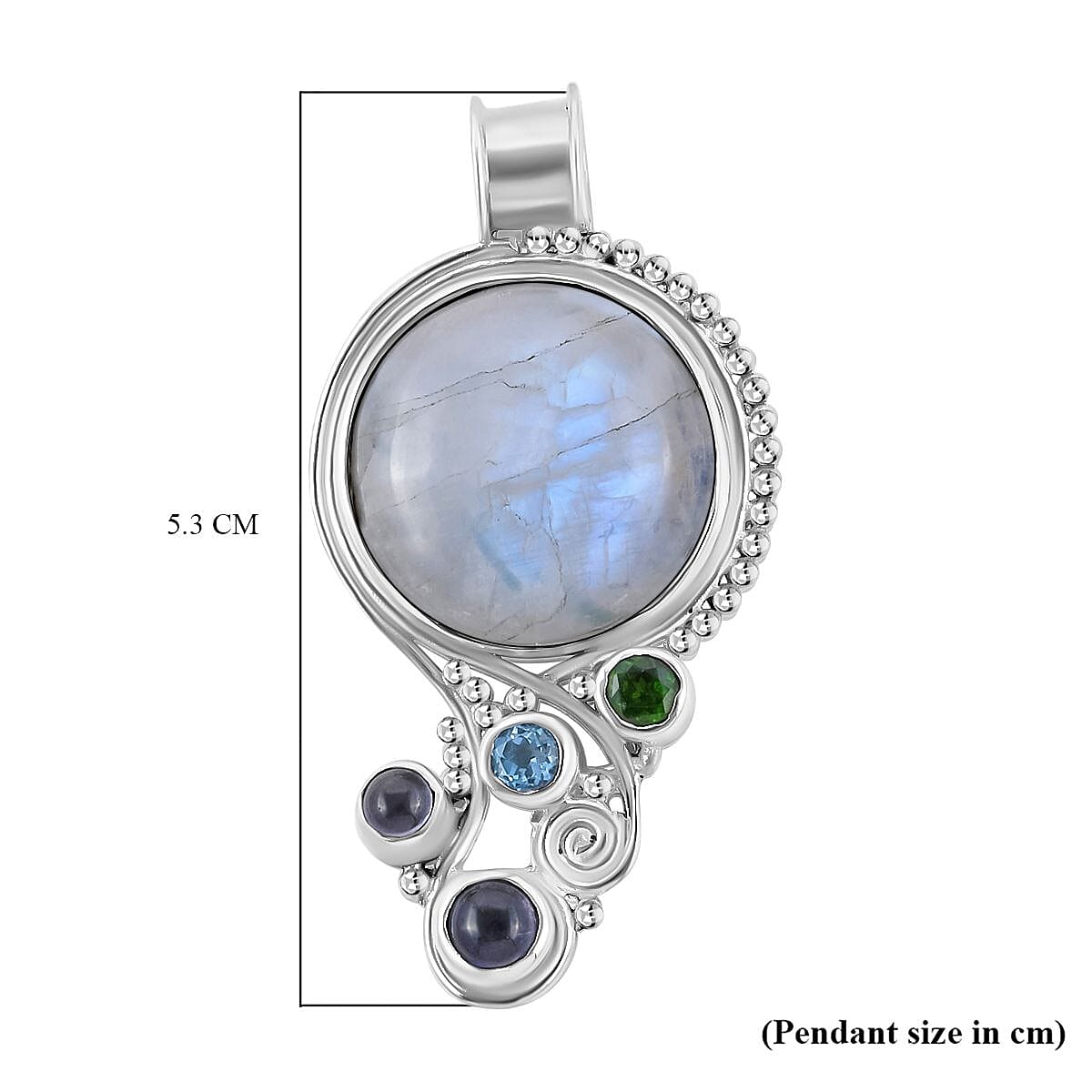 Royal Bali Gem Vitality Collection - Rainbow Moonstone and Multi Gemstone Pendant in Sterling Silver 14.80 Ct, Silver Wt. 10.00 Gms.