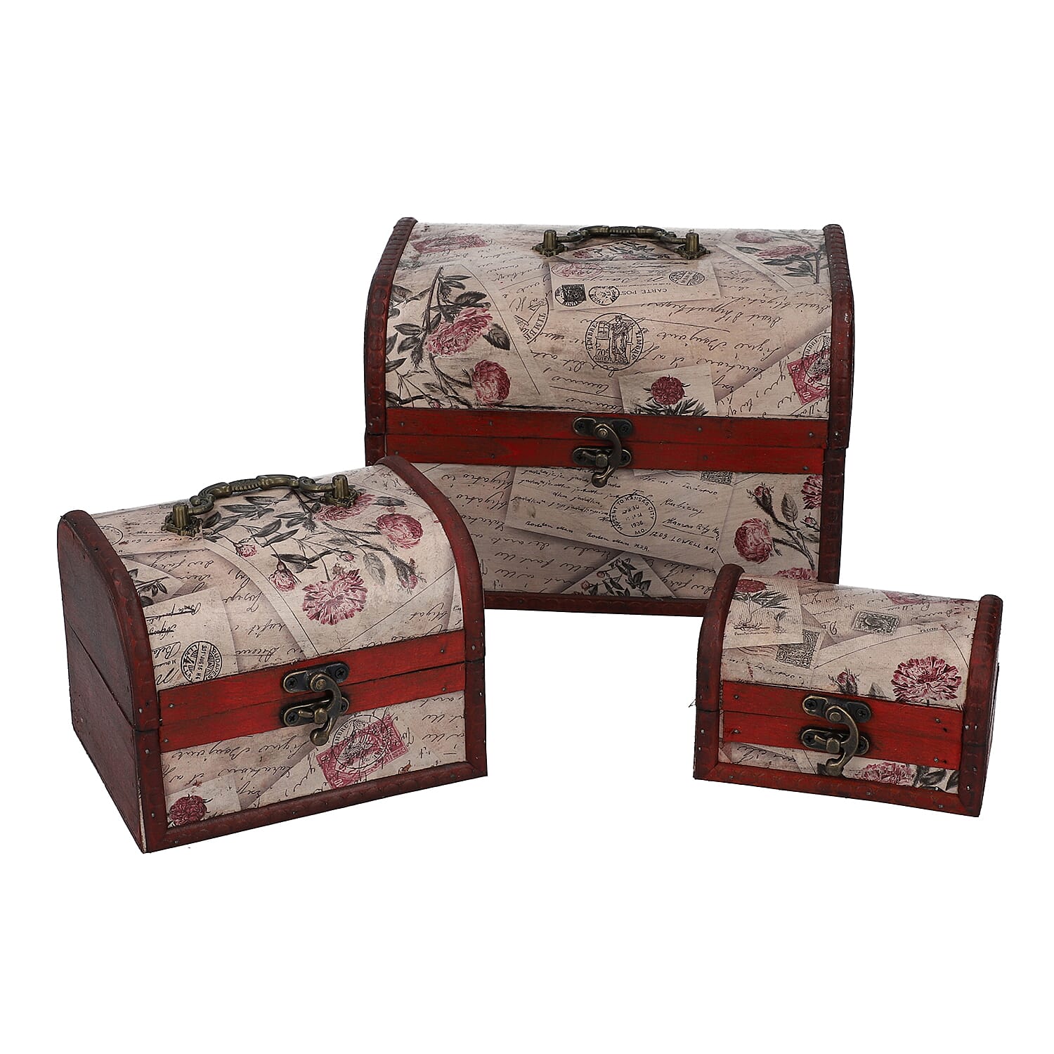 Set of 3 - Rose Pattern Wooden Jewellery Box with Lock (Size 12x8x8Cm, 16x12x11Cm, 22x16x16Cm)