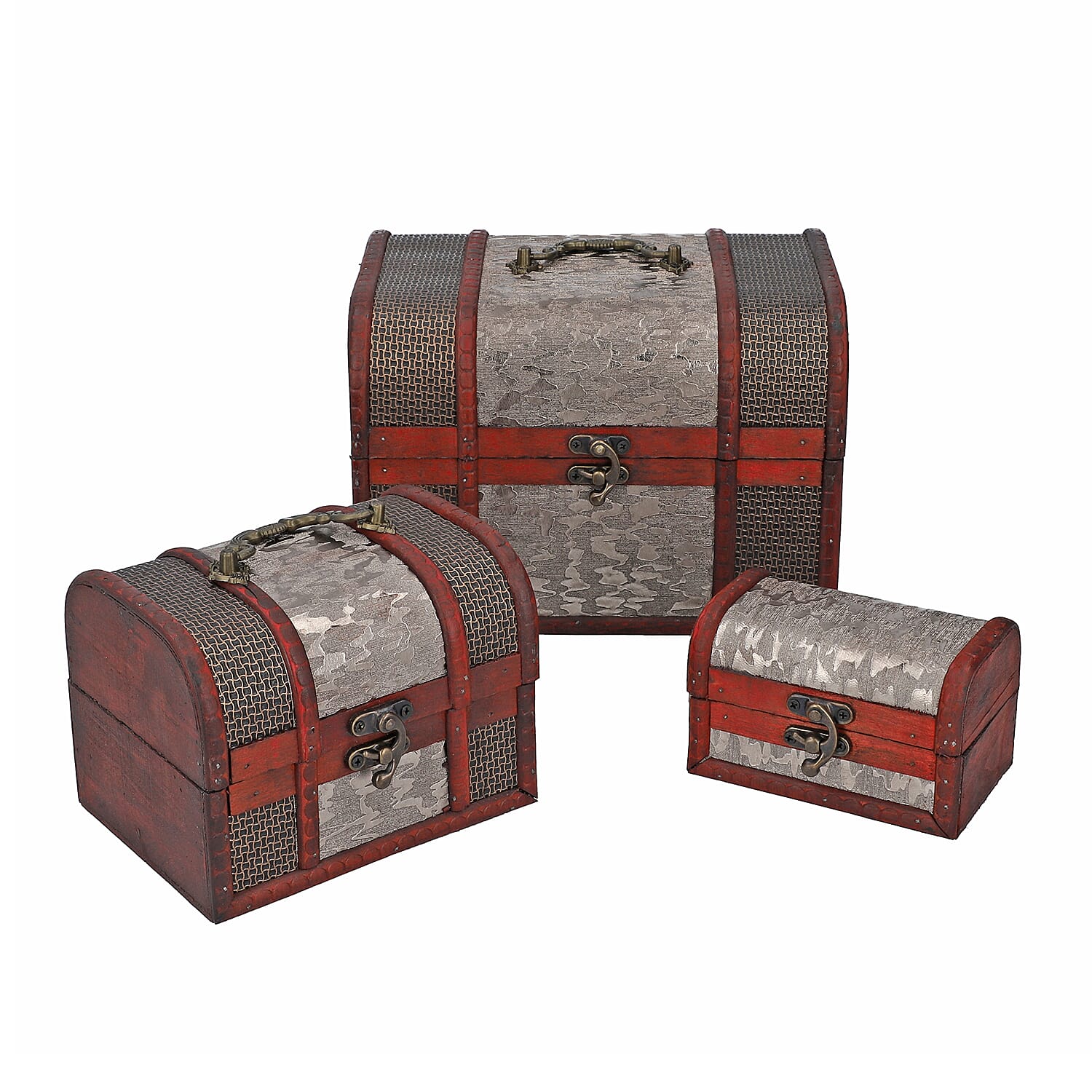 Set of 3 - Floral Pattern Wooden Jewellery Box with Lock (Size 12x8x8Cm, 16x12x11Cm, 22x16x16Cm)