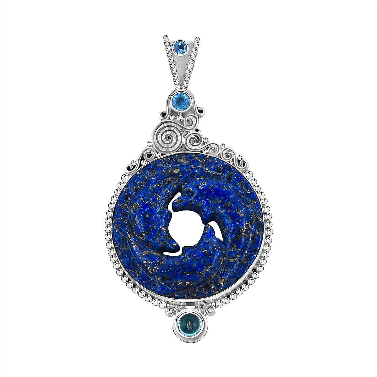 Sajen Silver NATURES JOY Collection - Carved Lapis Lazuli, Swiss Blue Topaz and Skyblue Topaz Pendant  Sterling Silver 47.74 Ct, Silver Wt. 10.50 Gms