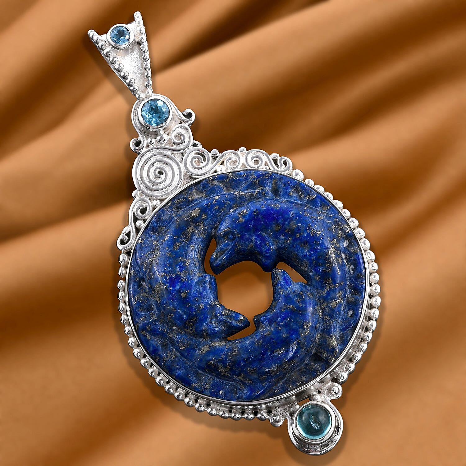 Sajen Silver NATURES JOY Collection - Carved Lapis Lazuli, Swiss Blue Topaz and Skyblue Topaz Pendant  Sterling Silver 47.74 Ct, Silver Wt. 10.50 Gms