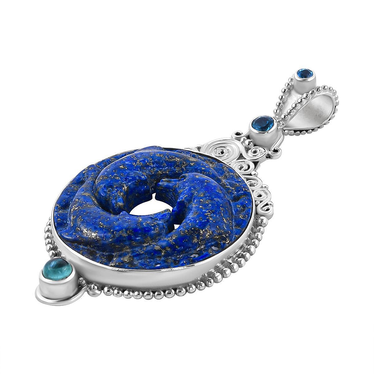 Sajen Silver NATURES JOY Collection - Carved Lapis Lazuli, Swiss Blue Topaz and Skyblue Topaz Pendant  Sterling Silver 47.74 Ct, Silver Wt. 10.50 Gms