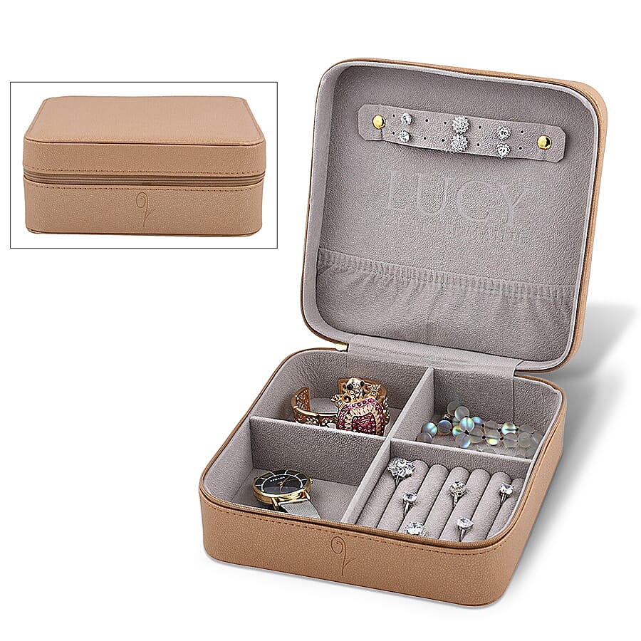 LUCYQ - Portable Large Jewellery Box with Zipper Closure (Size 20x20x8 Cm) - Gold & Grey