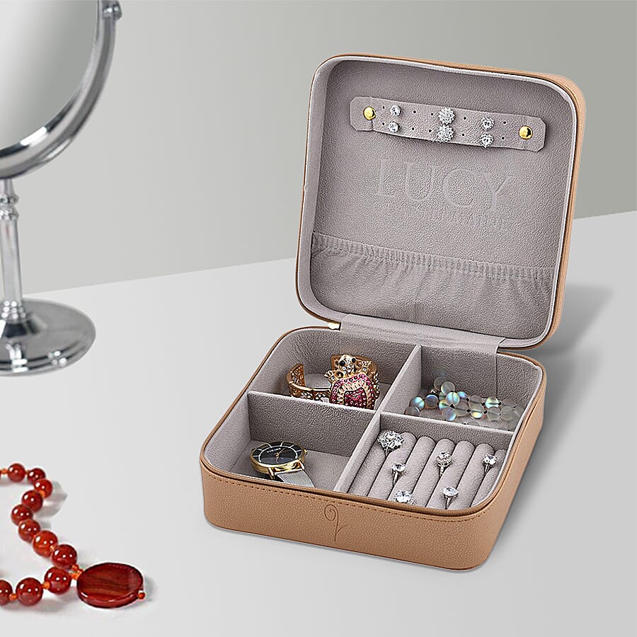 LUCYQ - Portable Large Jewellery Box with Zipper Closure (Size 20x20x8 Cm) - Gold & Grey