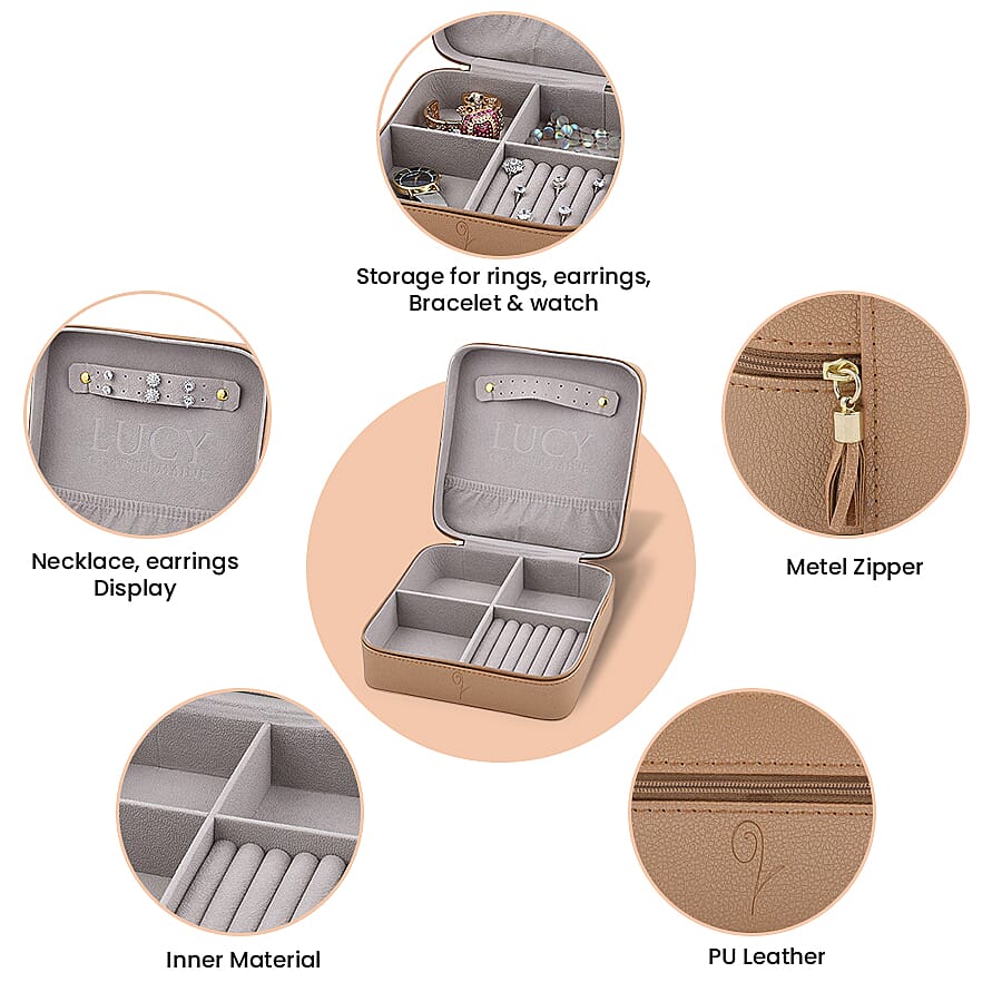LUCYQ - Portable Large Jewellery Box with Zipper Closure (Size 20x20x8 Cm) - Gold & Grey