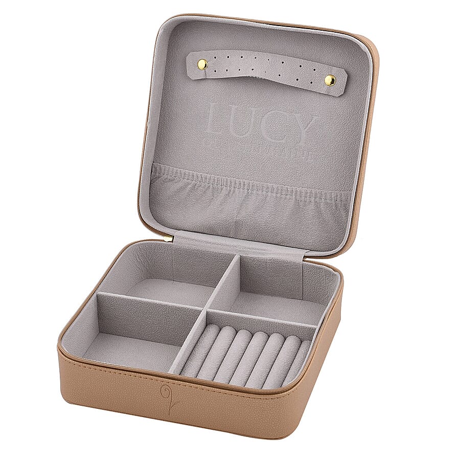 LUCYQ - Portable Large Jewellery Box with Zipper Closure (Size 20x20x8 Cm) - Gold & Grey