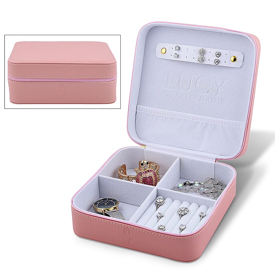 LUCYQ - Portable Large Jewellery Box with Zipper Closure (Size 20x20x8 Cm) - Pink & White