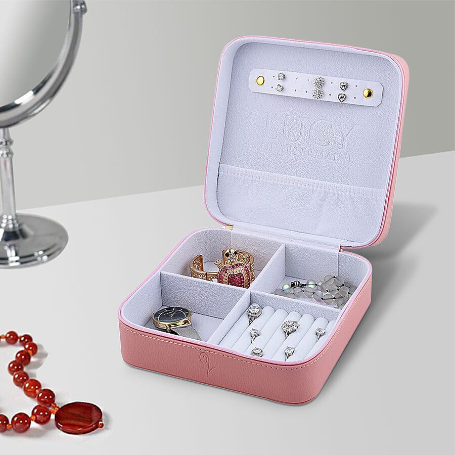 LUCYQ - Portable Large Jewellery Box with Zipper Closure (Size 20x20x8 Cm) - Pink & White