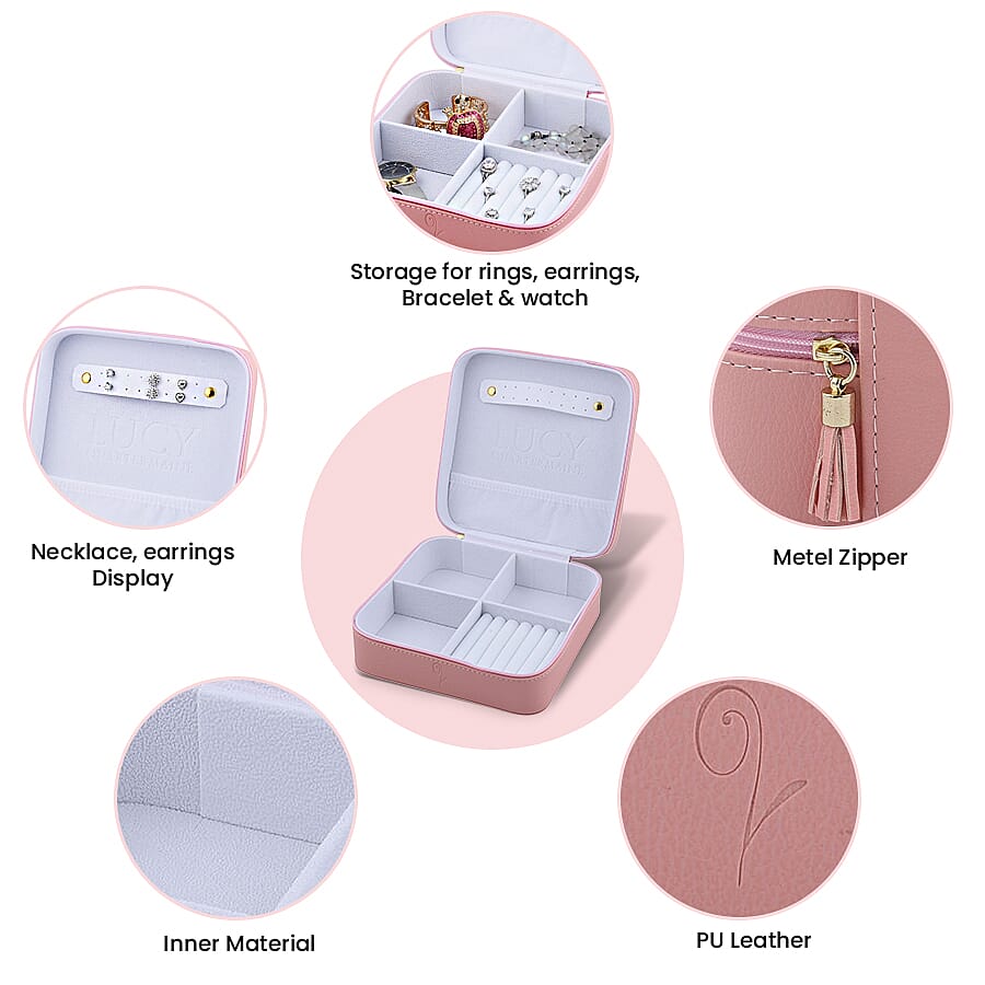 LUCYQ - Portable Large Jewellery Box with Zipper Closure (Size 20x20x8 Cm) - Pink & White