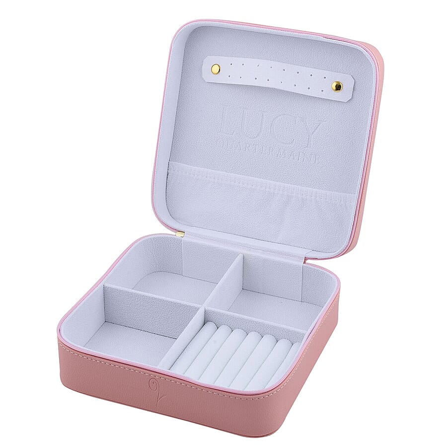 LUCYQ - Portable Large Jewellery Box with Zipper Closure (Size 20x20x8 Cm) - Pink & White