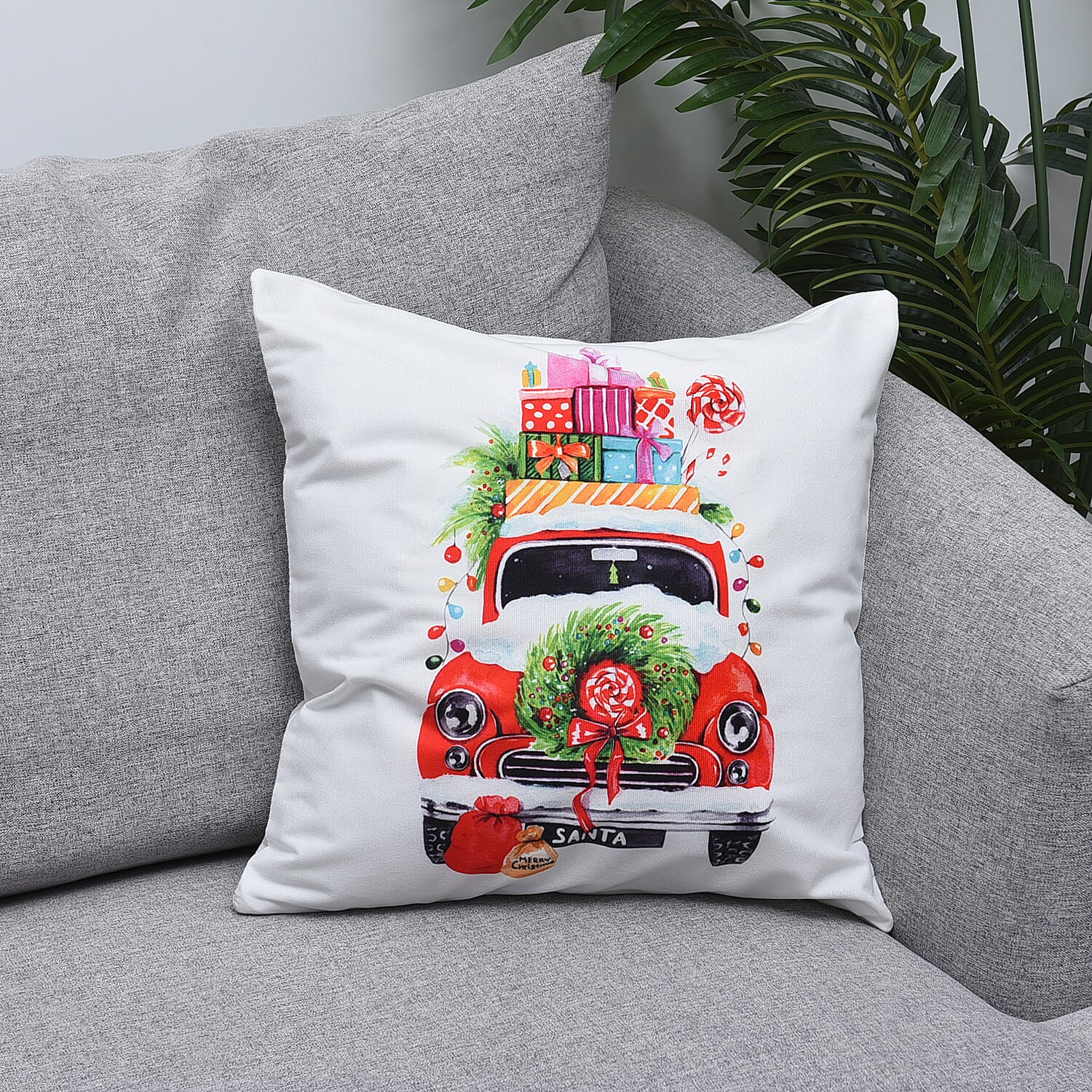 Christmas Theme LED Cushion Cover with Filling - White & Multi
