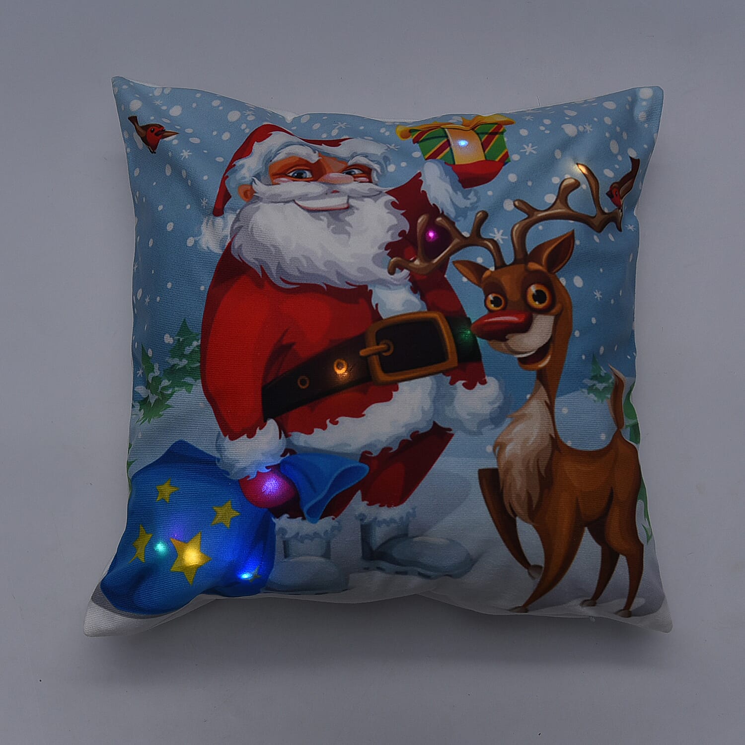 Christmas Santa with Gift Sack Theme LED Cushion Cover with Filling (Size 45 Cm) - Light Blue
