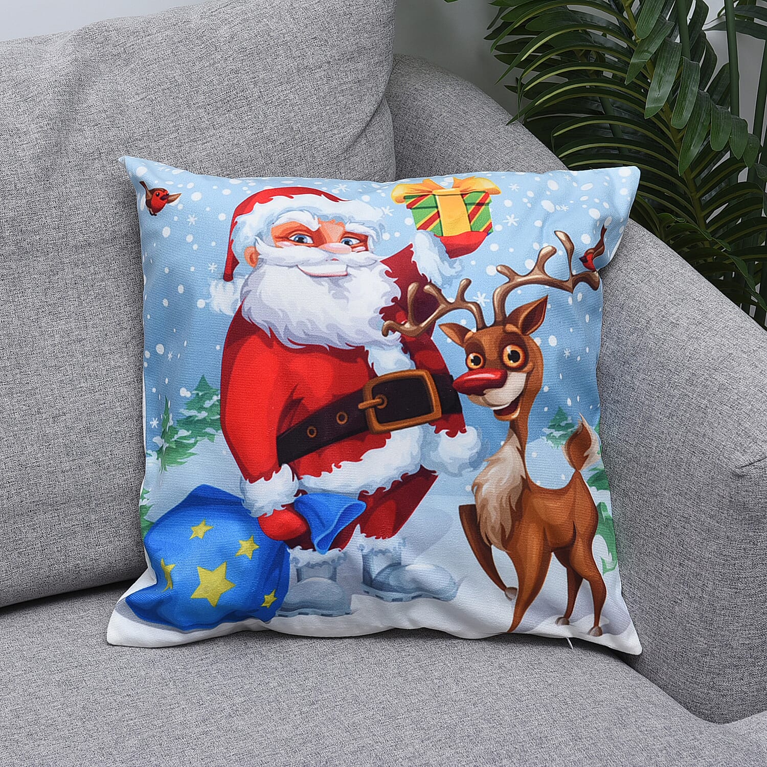 Christmas Santa with Gift Sack Theme LED Cushion Cover with Filling (Size 45 Cm) - Light Blue