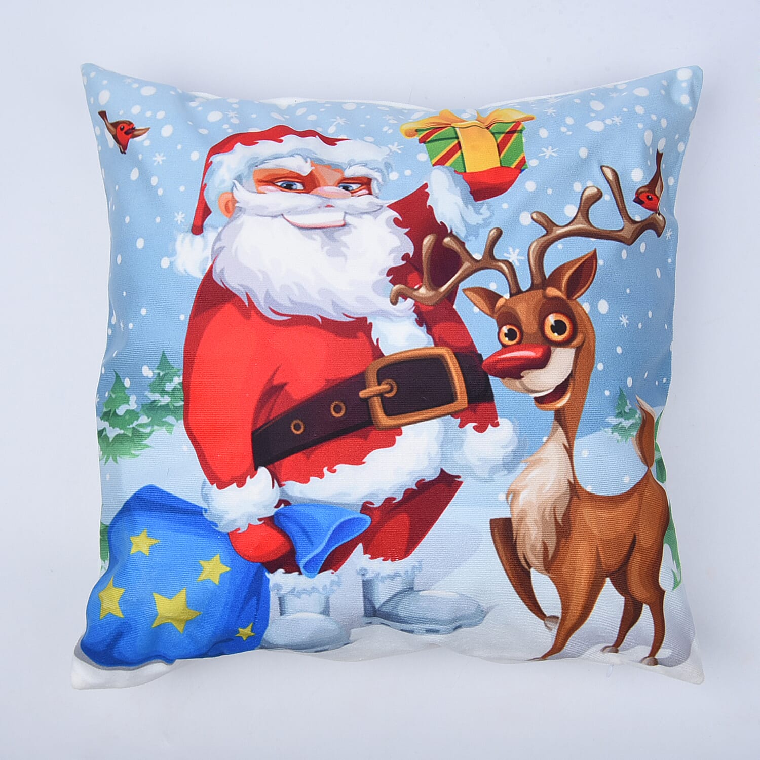 Christmas Santa with Gift Sack Theme LED Cushion Cover with Filling (Size 45 Cm) - Light Blue