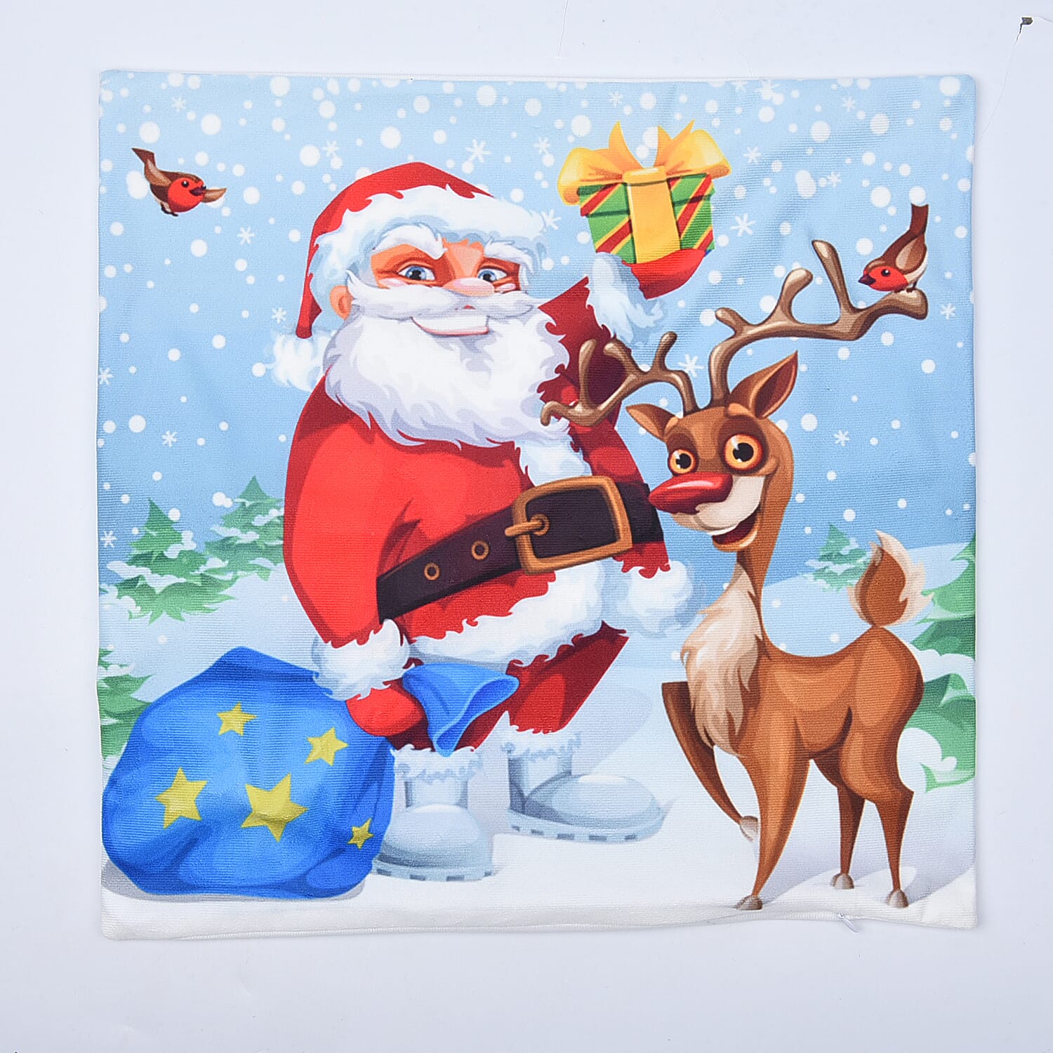 Christmas Santa with Gift Sack Theme LED Cushion Cover with Filling (Size 45 Cm) - Light Blue