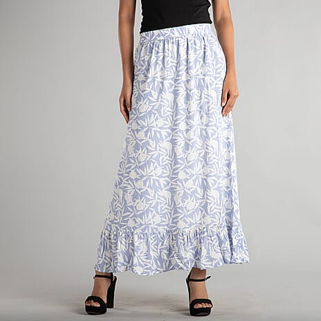 TAMSY 100% Viscose Floral - Leaf Pattern Skirt (Size 14) - White - Blue