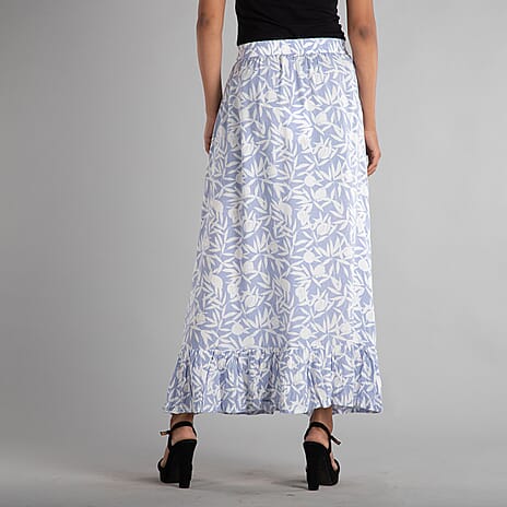 TAMSY 100% Viscose Floral - Leaf Pattern Skirt (Size 14) - White - Blue