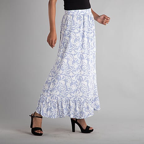 TAMSY 100% Viscose Floral - Leaf Pattern Skirt (Size 14) - White - Blue