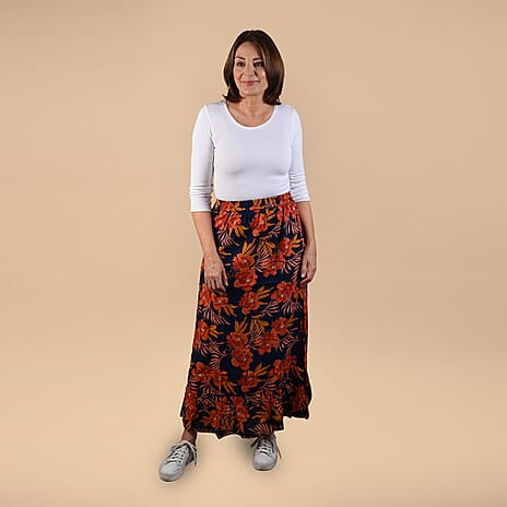 TAMSY 100% Viscose Floral Pattern Skirt (Size 16, 96x89 Cm) - Black & Orange