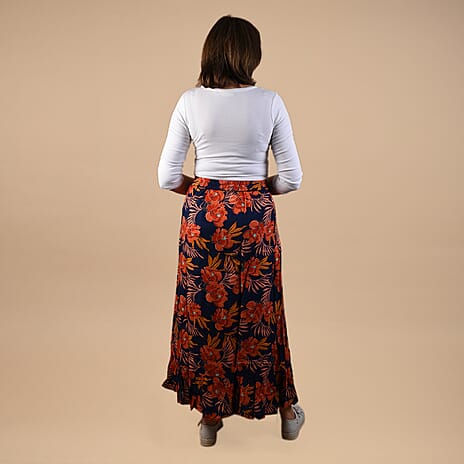 TAMSY 100% Viscose Floral Pattern Skirt (Size 20) - Navy Blue - Orange