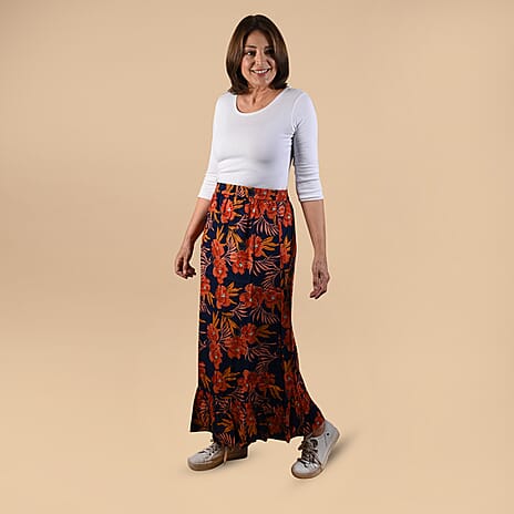 TAMSY 100% Viscose Floral Pattern Skirt (Size 20) - Navy Blue - Orange