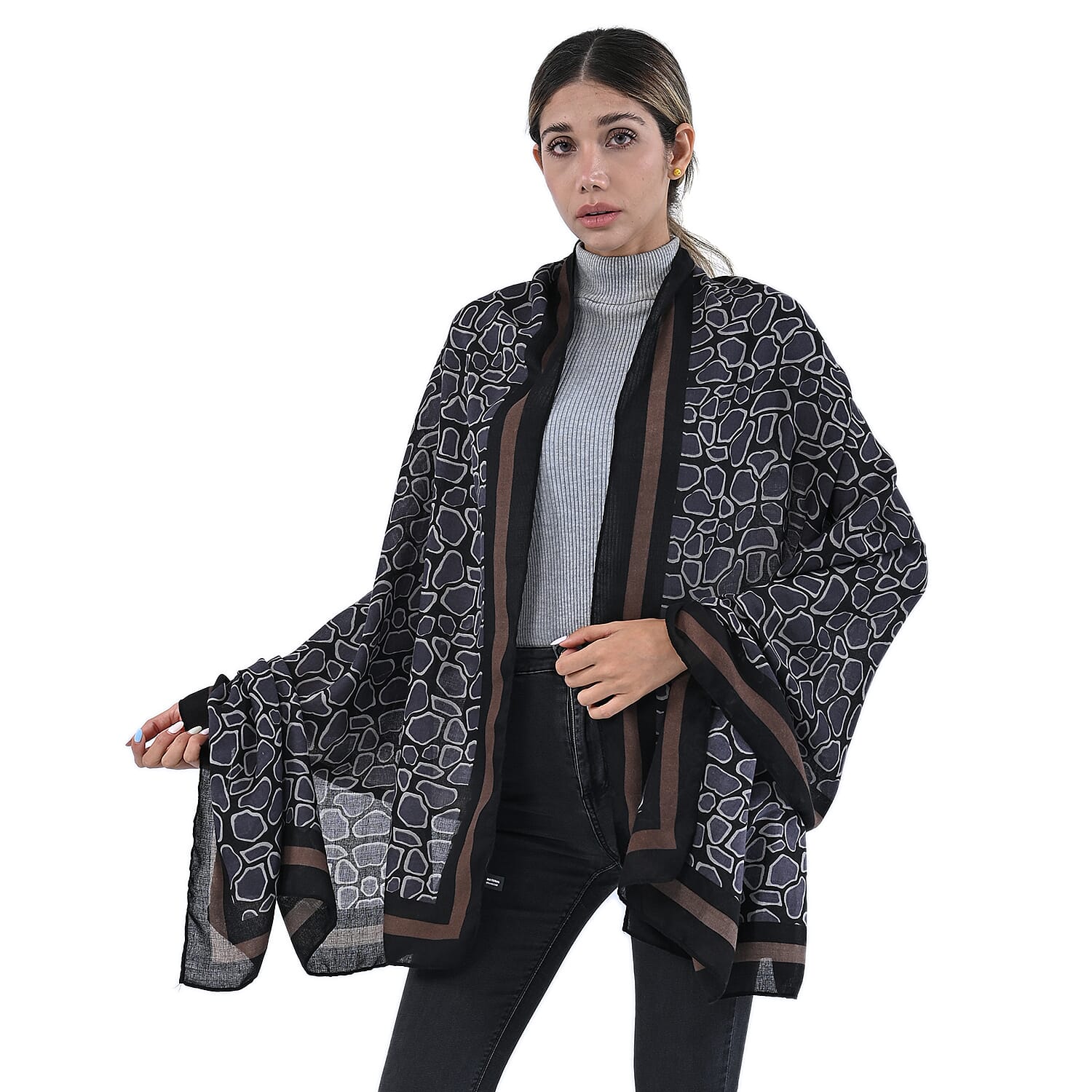 Hong Kong Close Out Deal - 100% Viscose Printed Scarf (Size 180x90 Cm) - Grey & Black