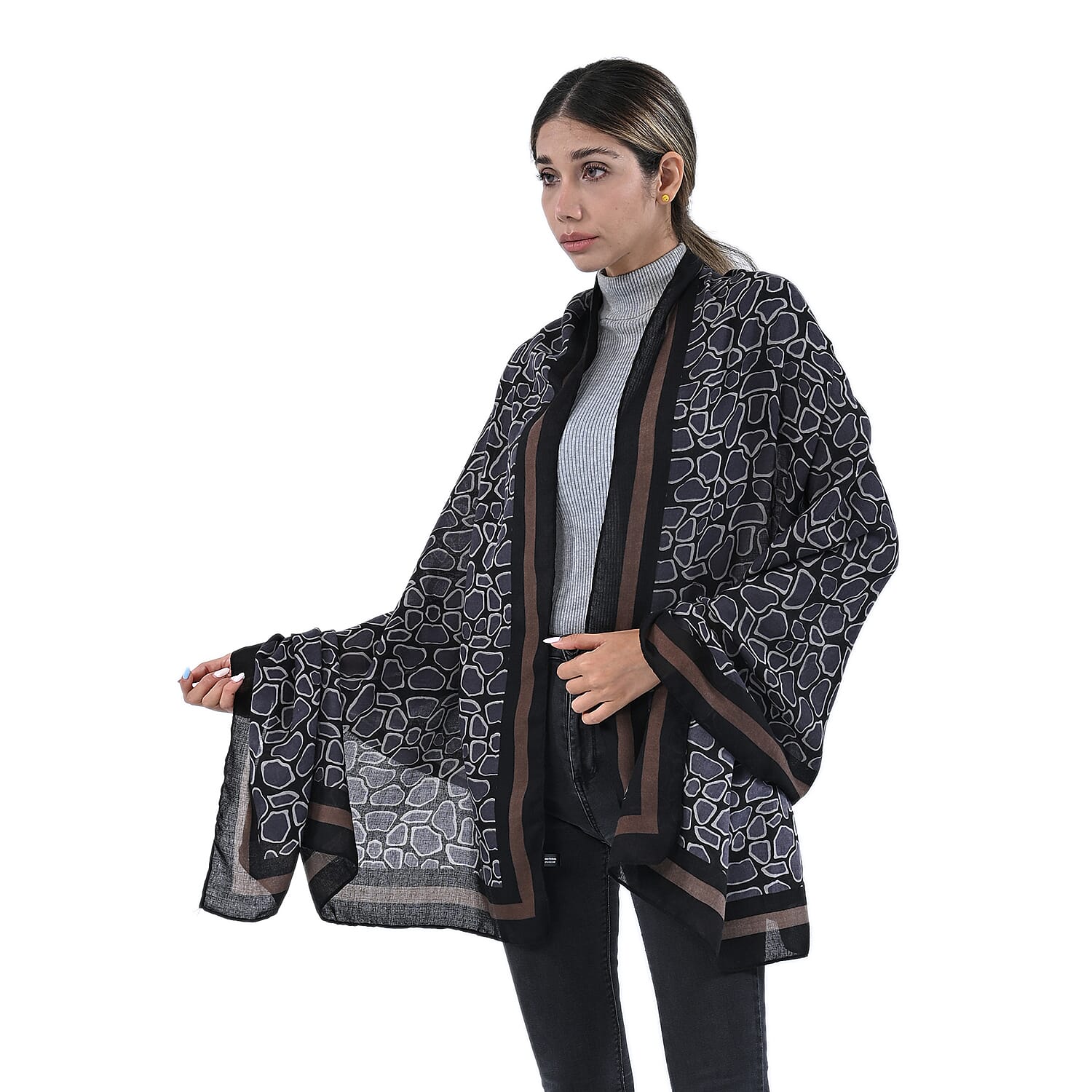 Hong Kong Close Out Deal - 100% Viscose Printed Scarf (Size 180x90 Cm) - Grey & Black