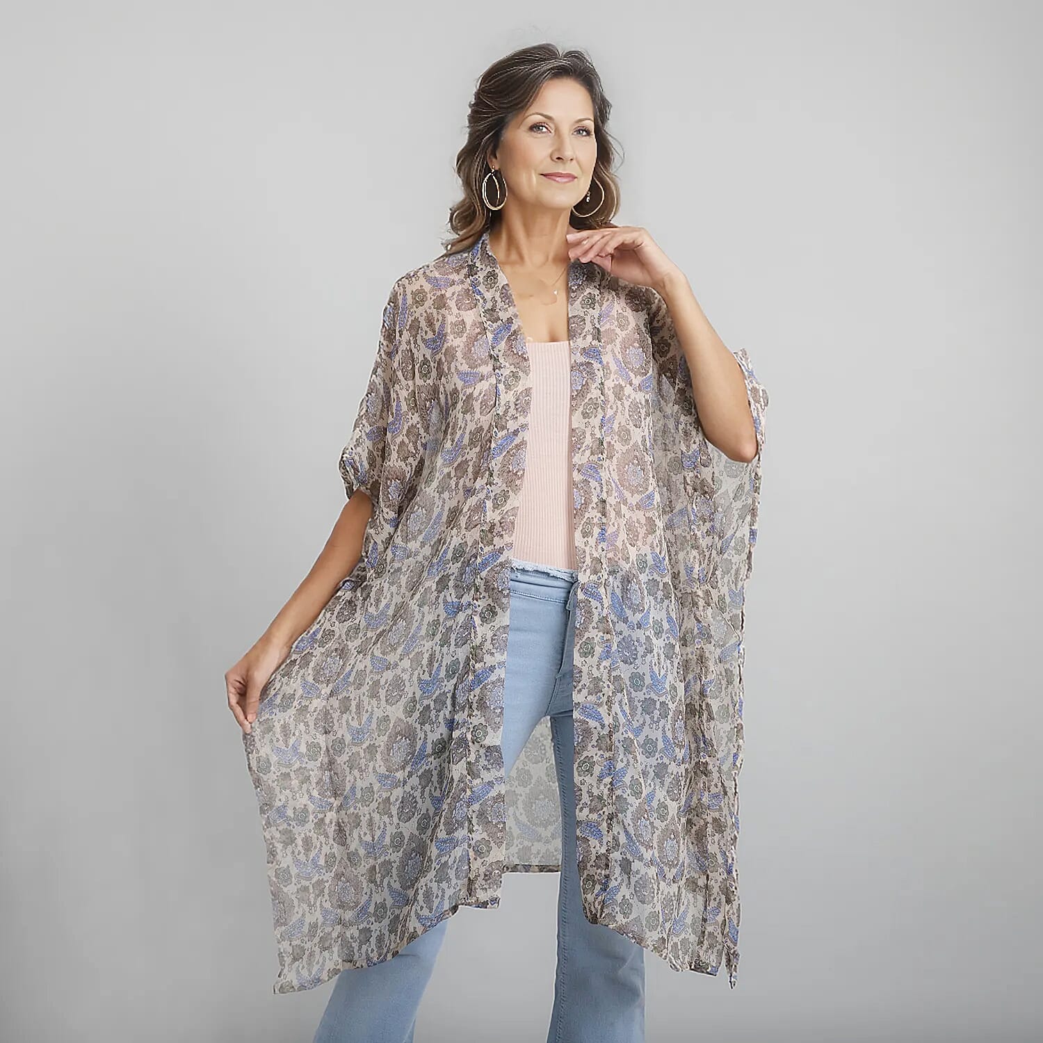 TAMSY Printed Chiffon Kaftan (One Size) - Beige