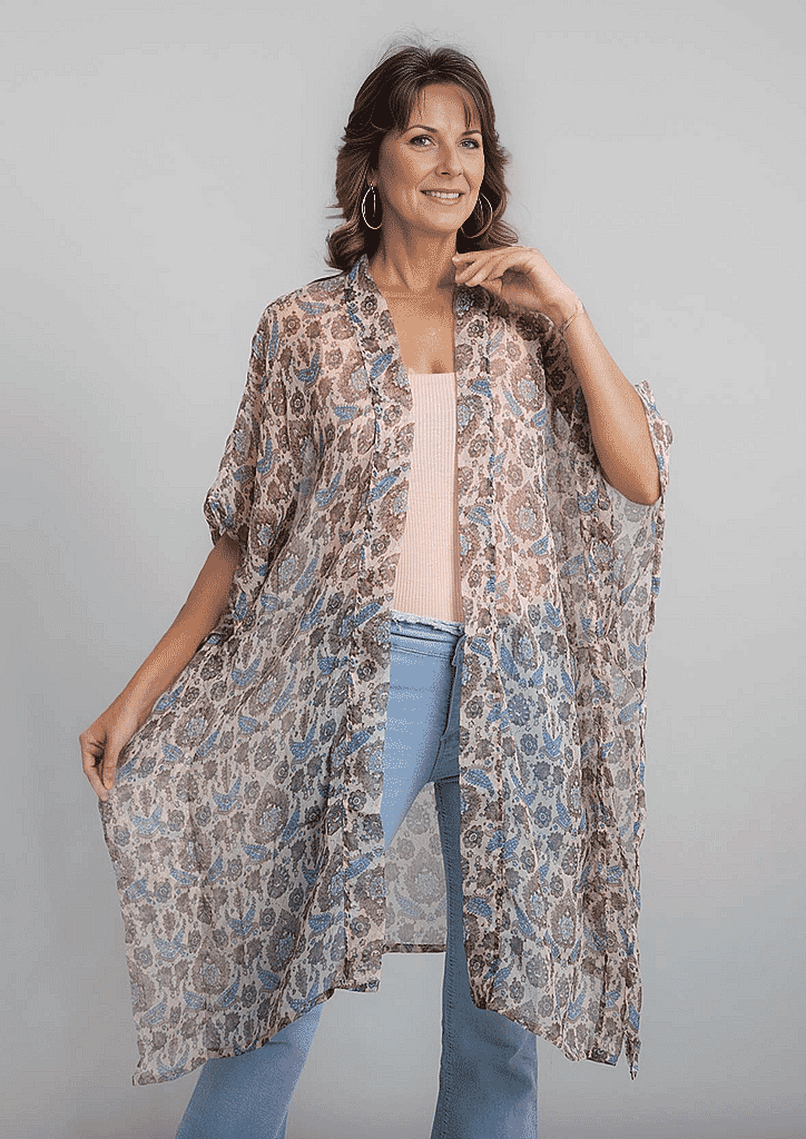 TAMSY Printed Chiffon Kaftan (One Size) - Beige