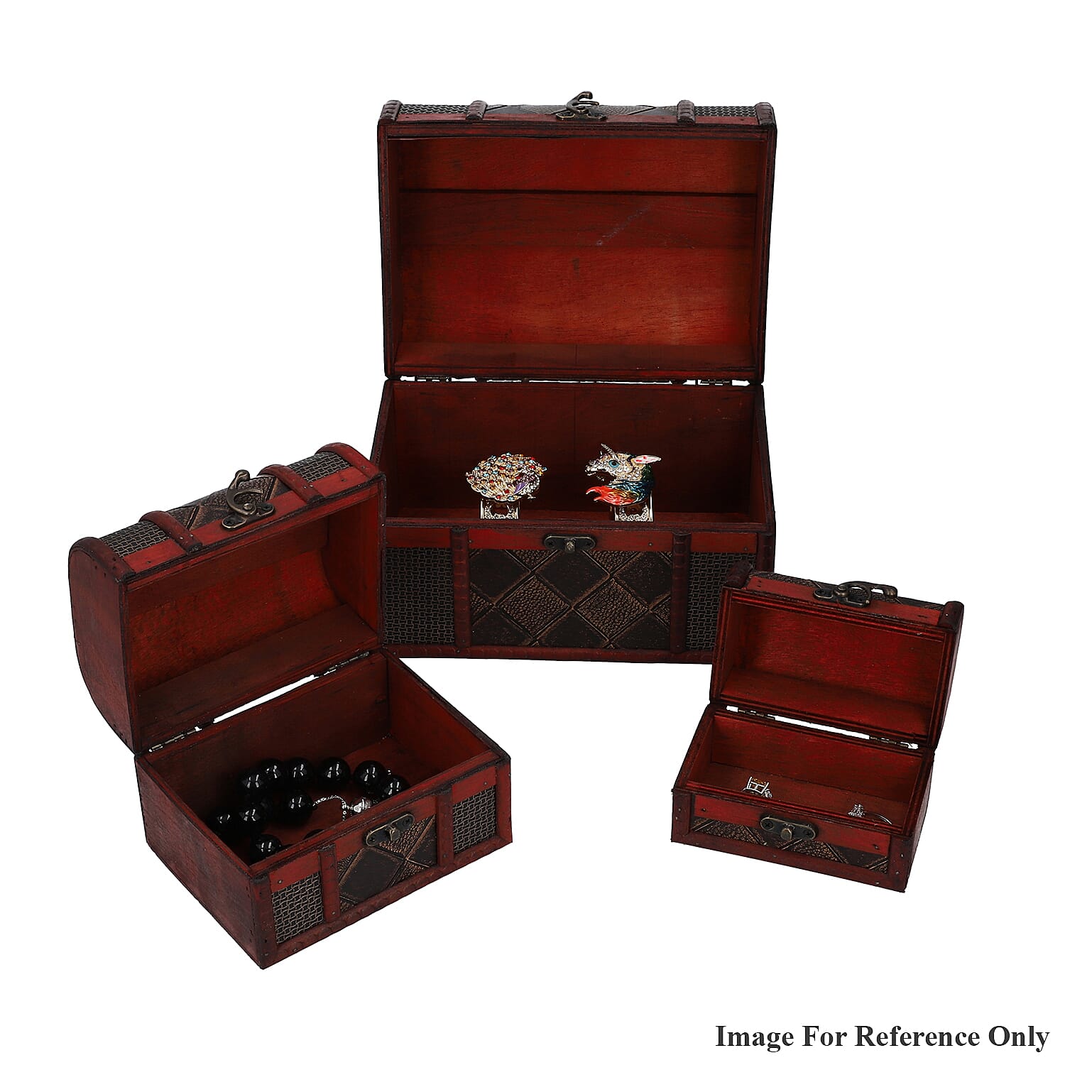 Set of 3 - Diamond Pattern Wooden Jewellery Box with Lock (Size 12x8x8Cm, 16x12x11Cm, 22x16x16Cm)