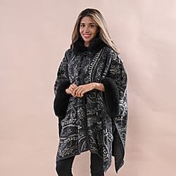 LA MAREY Cashew Flower Pattern Faux Fur Cape - Gray