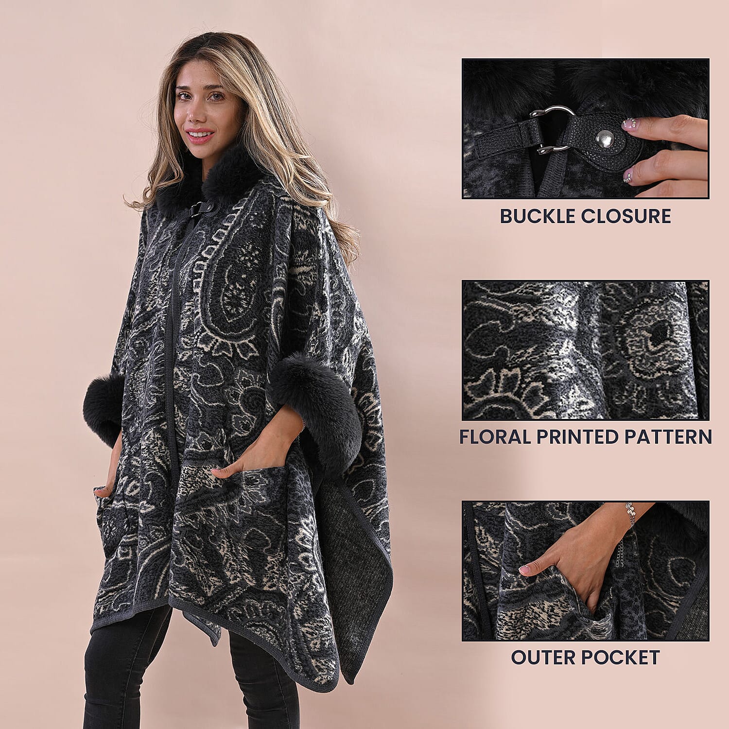 LA MAREY Cashew Flower Pattern Faux Fur Cape - Gray