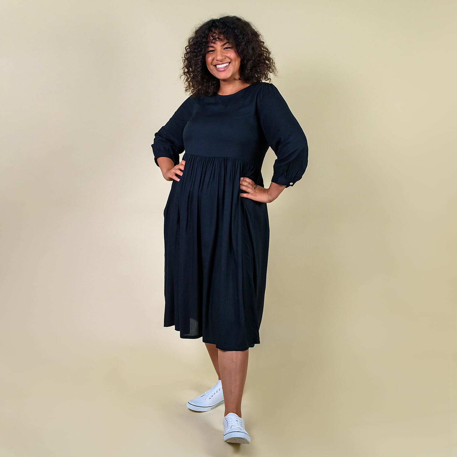 TAMSY 100% Viscose Crew Neck Mid Dress (Size 14) - Black