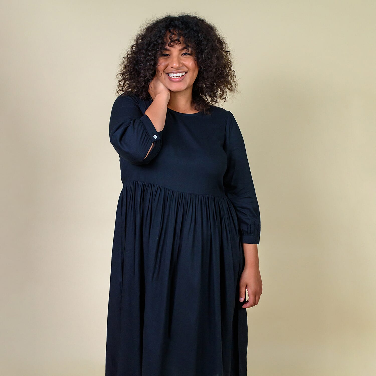 TAMSY Solid Crew Neck mid length Dress - Black TAMSY Solid Crew Neck mid length Dress - Black