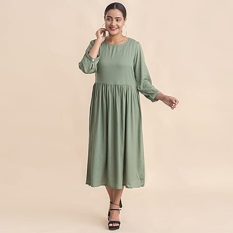 TAMSY 100% Viscose Crew Neck Mid Dress (Size 12) - Green