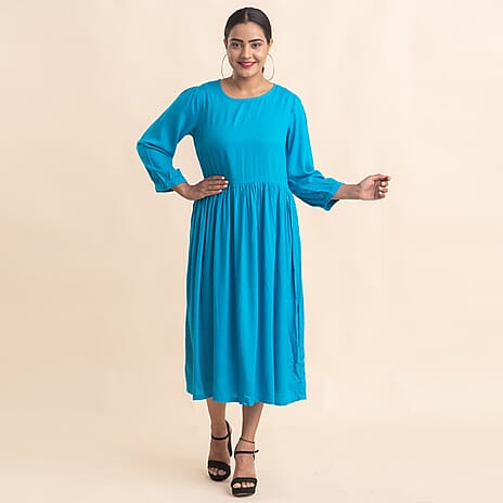 TAMSY 100% Viscose Crew Neck Mid Dress (Size 12) - Blue