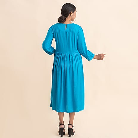 TAMSY 100% Viscose Crew Neck Mid Dress (Size 12) - Blue