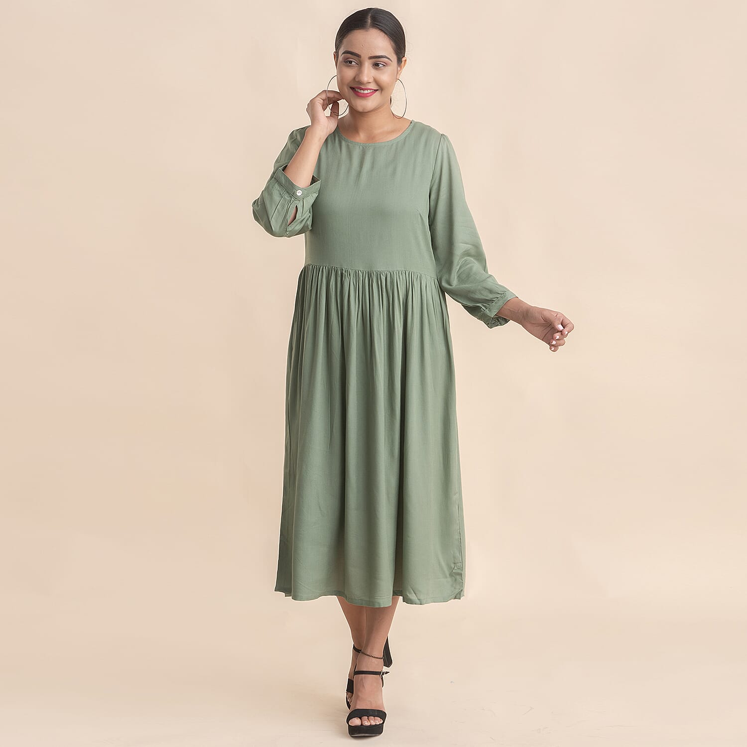 TAMSY 100% Viscose Crew Neck Mid Dress (Size 10) - Green