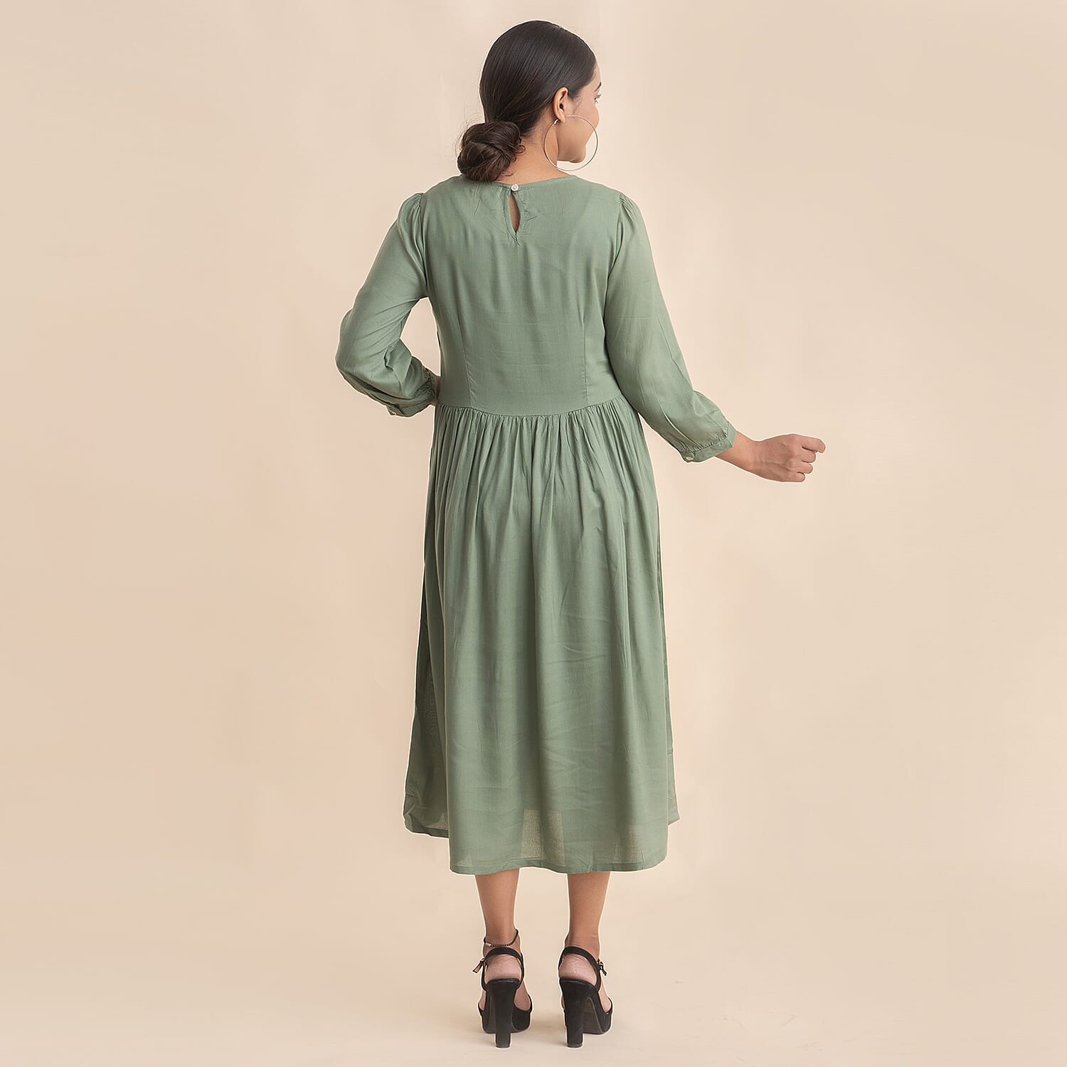 TAMSY 100% Viscose Crew Neck Mid Dress (Size 10) - Green