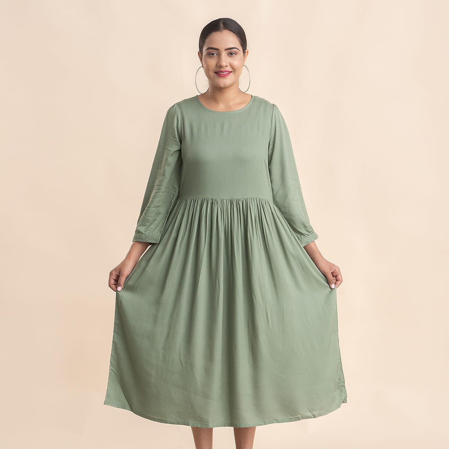 TAMSY 100% Viscose Crew Neck Mid Dress (Size 10) - Green