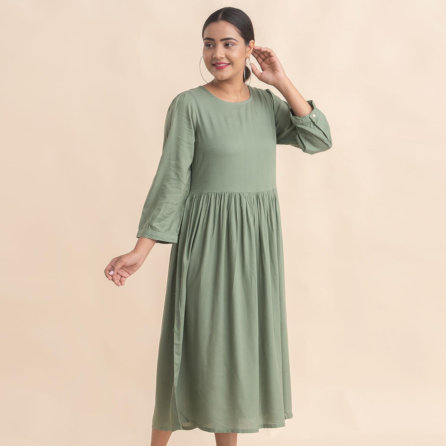 TAMSY 100% Viscose Crew Neck Mid Dress (Size 10) - Green